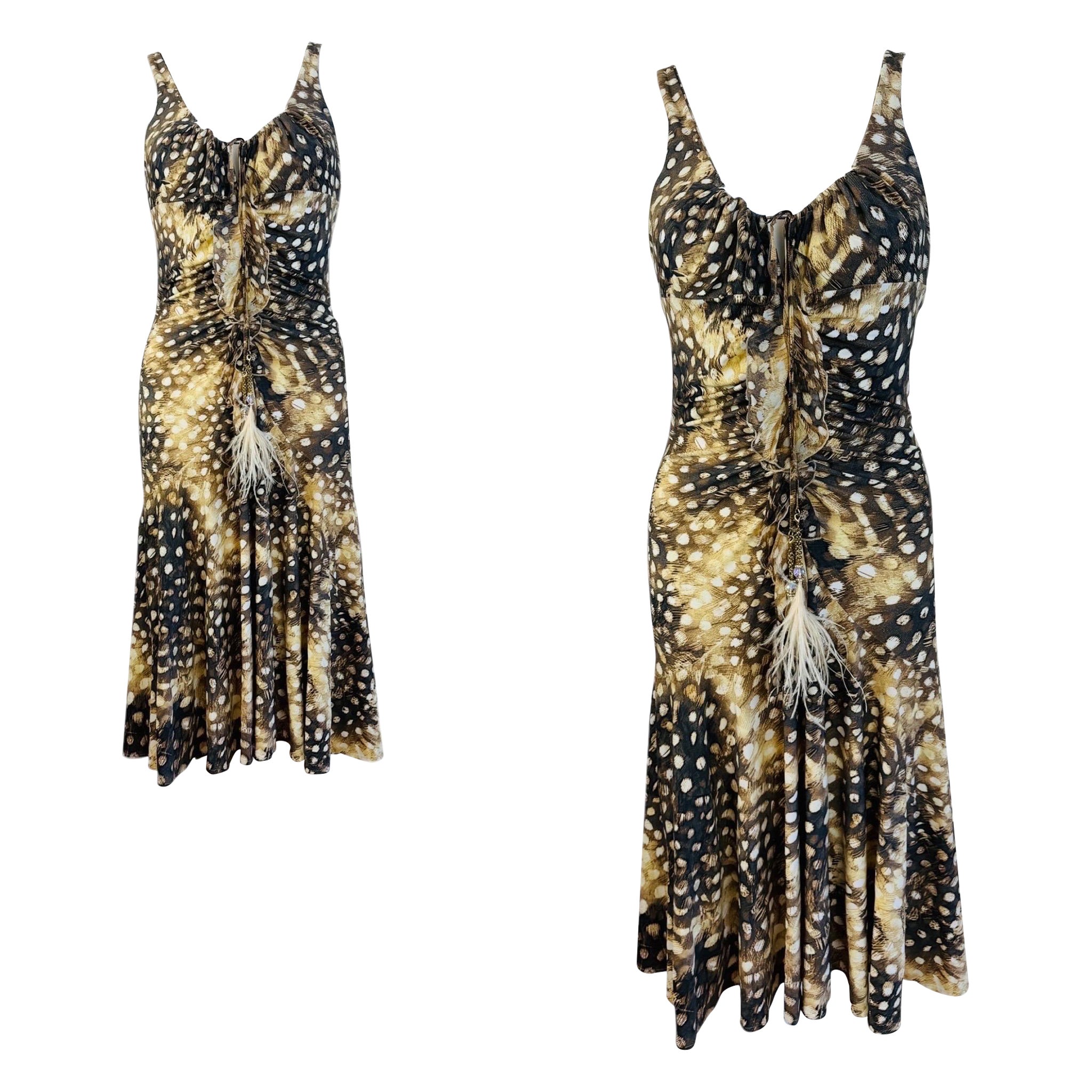 Vintage S/S 2004 Y2K Roberto Cavalli Feather Ruched Midi Dress For Sale