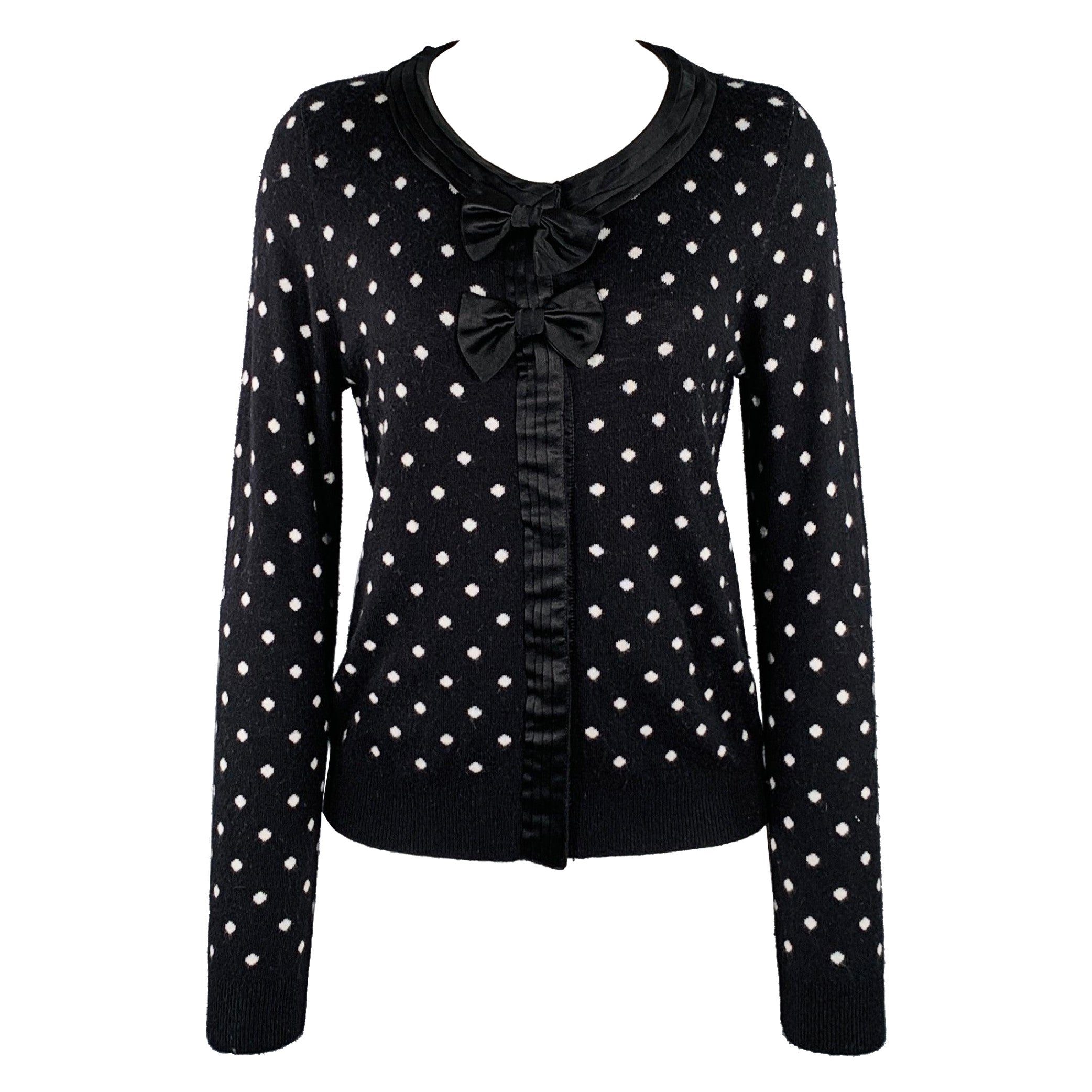 ALICE + OLIVIA Size M Black White Rayon Blend Polka Dot Bow Cardigan For Sale