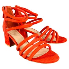 SANDRO Size 10 Tessa Red Suede Caged Chunky Heel Sandals