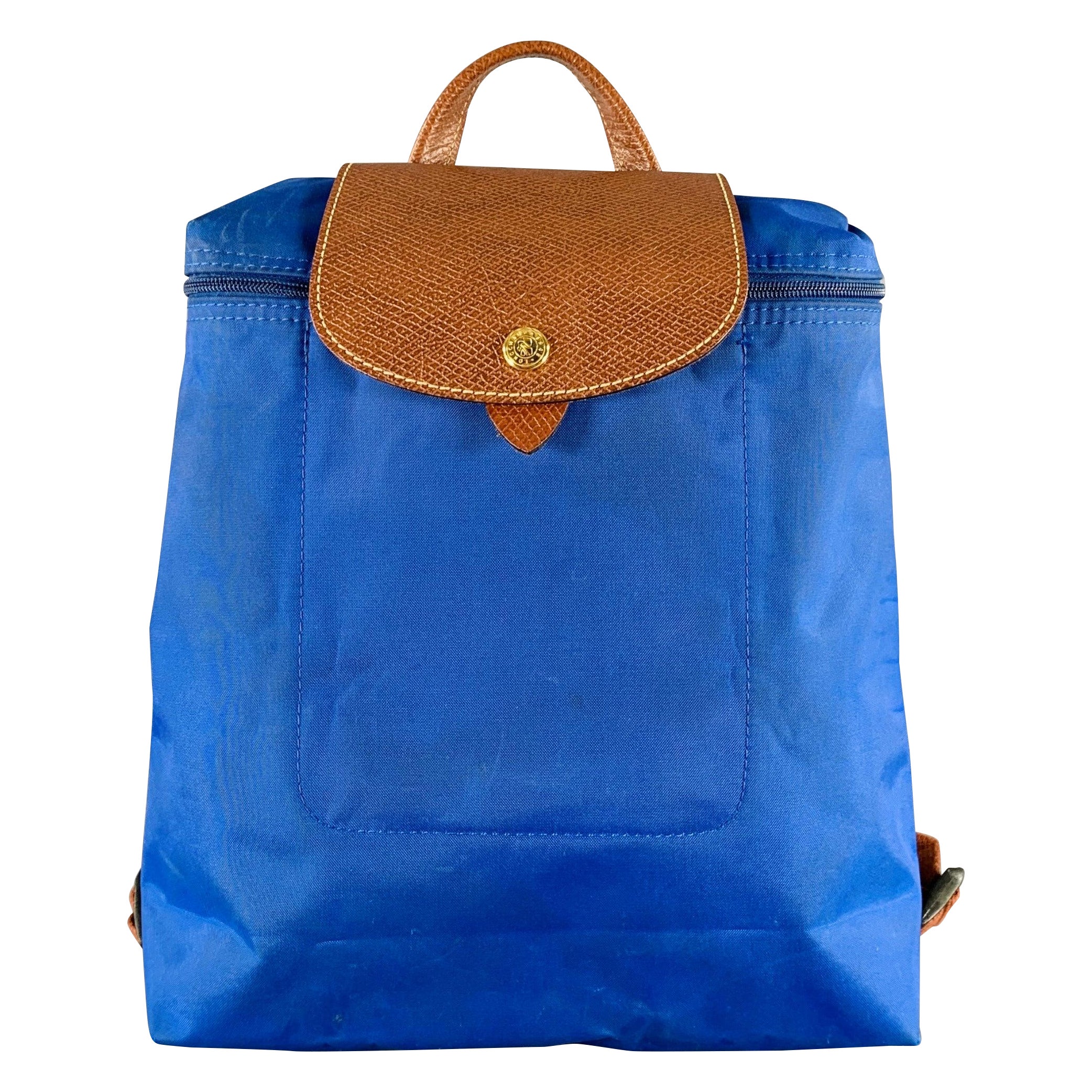 LONGCHAMP Blue Brown Mixed Materials Nylon Leather Backpack Handbag