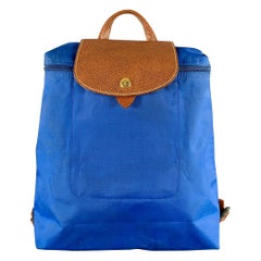 LONGCHAMP Blue Brown Mixed Materials Nylon Leather Backpack Handbag