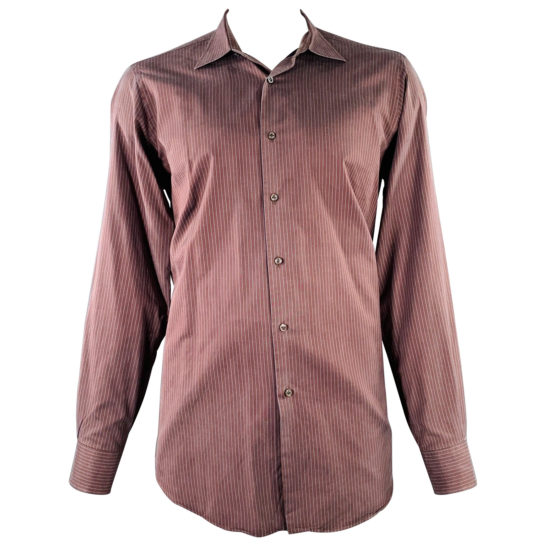 LUCIANO BARBERA Size L Burgundy Blue Stripe Cotton Silk Long Sleeve Shirt