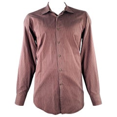 LUCIANO BARBERA Size L Burgundy Blue Stripe Cotton Silk Long Sleeve Shirt