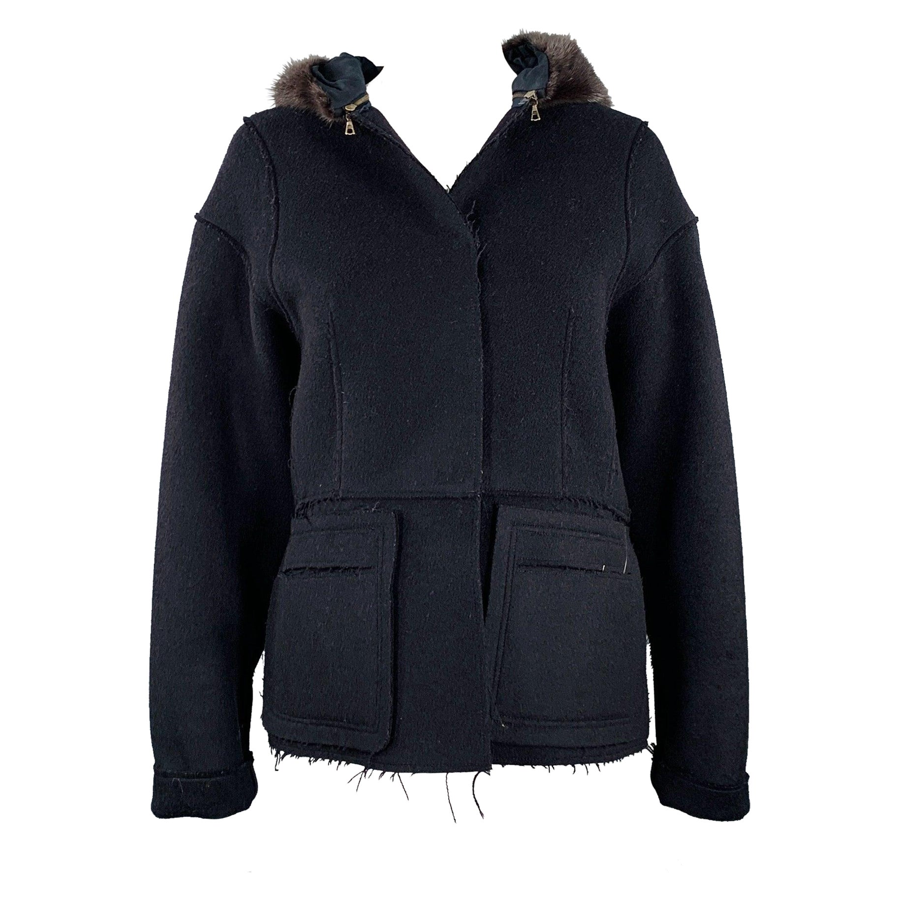 MARNI Taglia 4 Giacca con cappuccio in misto lana nera Raw Edges