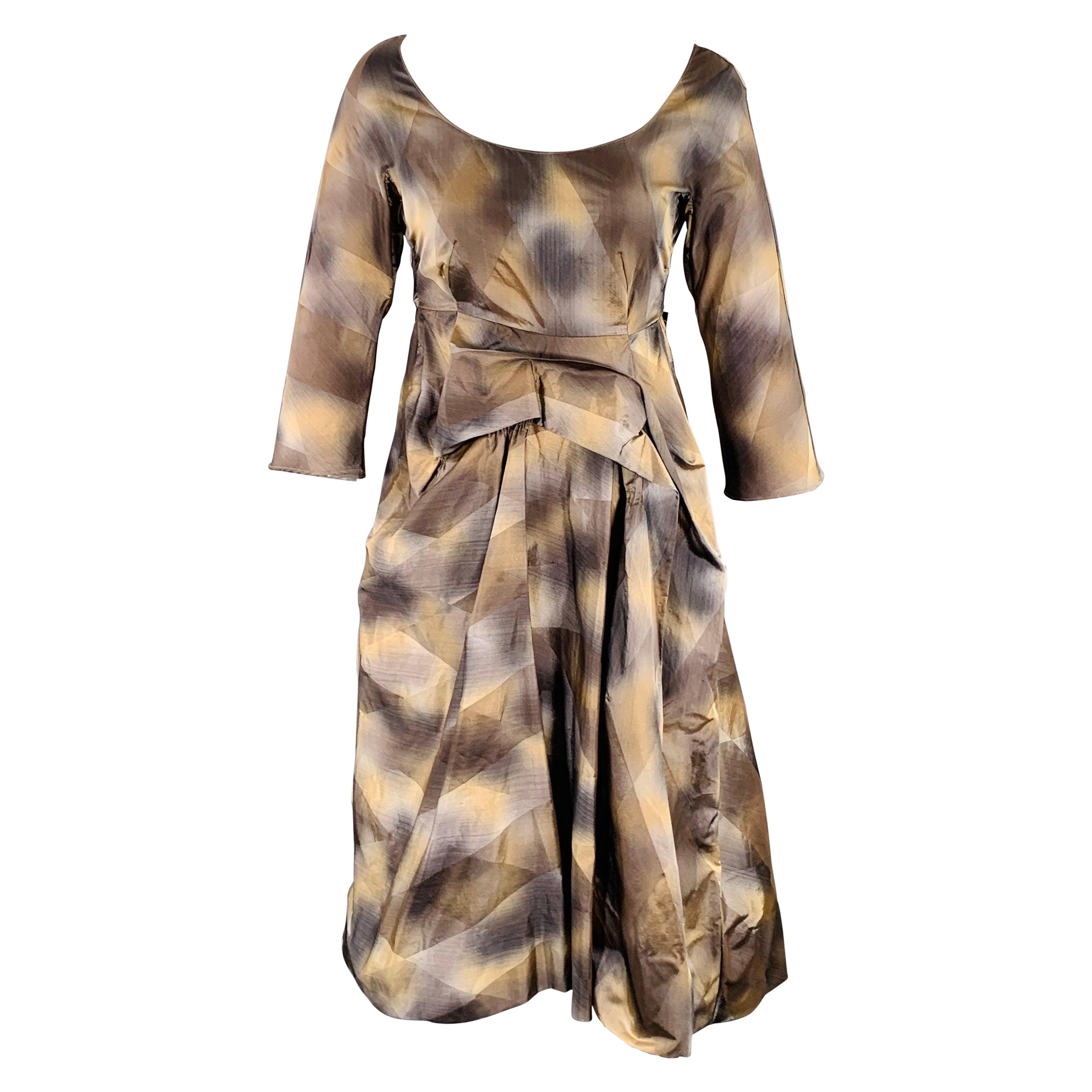 MARNI Size 2 Brown Beige Polyester Taffeta Diamond 3/4 Sleeves Dress For Sale