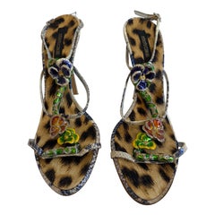 Vintage 2000s Roberto Cavalli Snake + Flower Enamel Rhinestone Heels Shoes