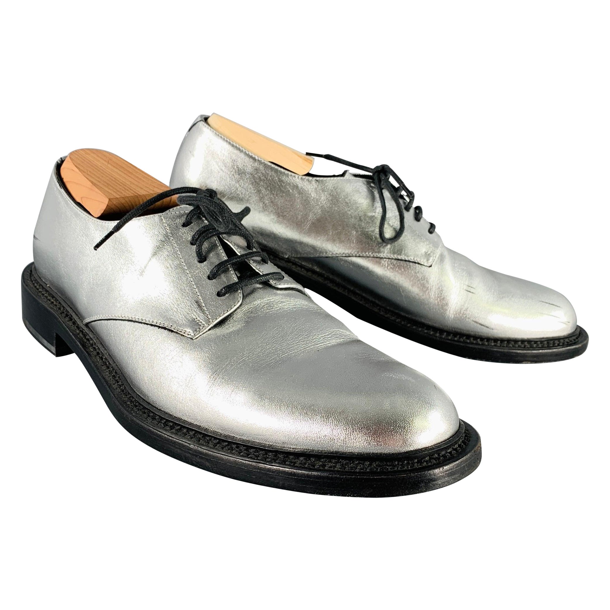 SAINT LAURENT Size 10 Silver Metallic Leather Derby Lace-Up Shoes