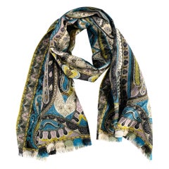ETRO Multi Color Paisley Silk Wool Fringe Scarf