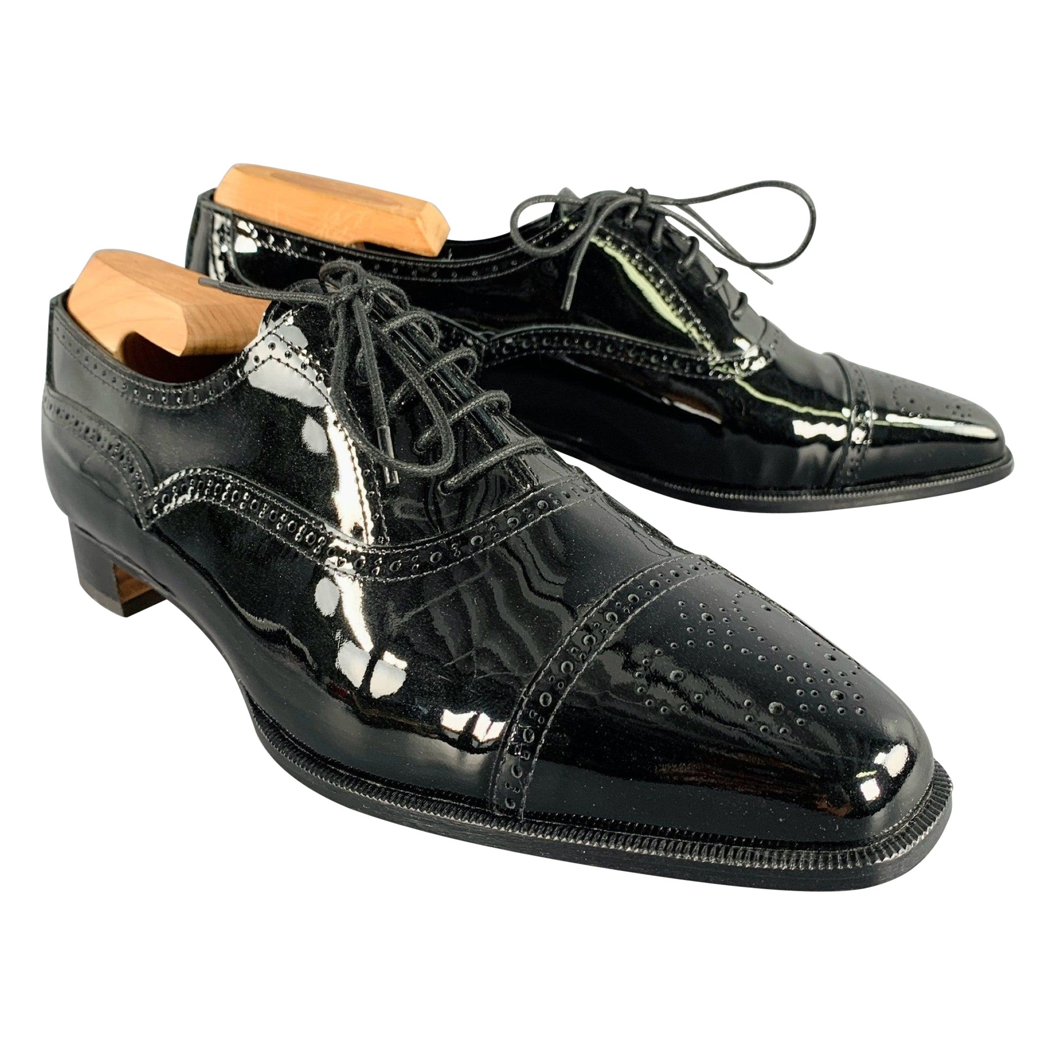 MANOLO BLAHNIK Size 10.5 Black Perforated Patent Leather Cap Toe Shoes For Sale