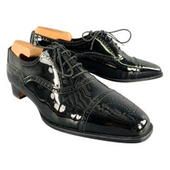 MANOLO BLAHNIK Size 10.5 Black Perforated Patent Leather Cap Toe Shoes