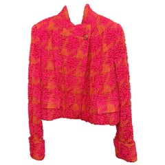 Unworn Chanel red and orange houndstooth pattern tweed jacket