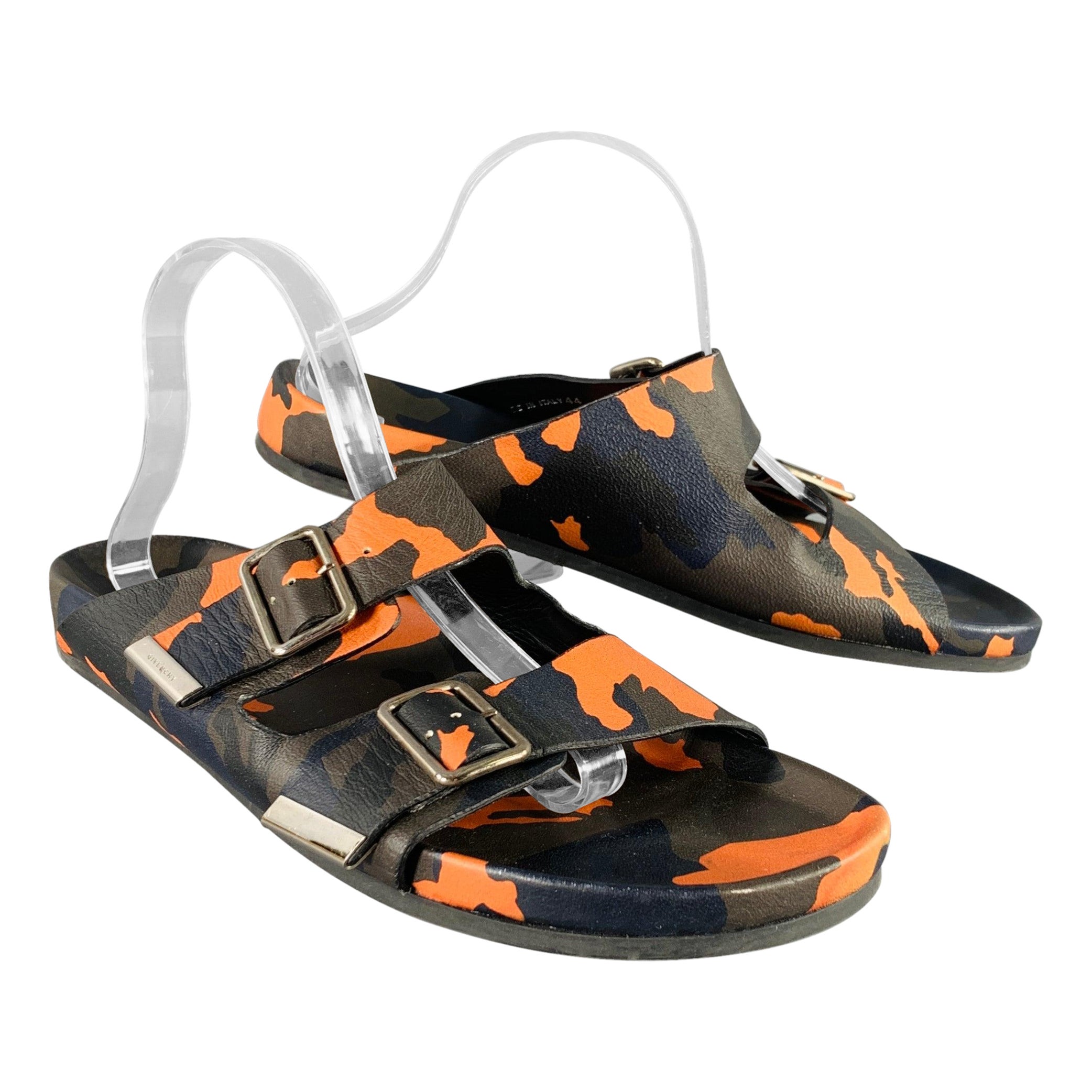 GIVENCHY Size 11 Black Green & Orange Camouflage Leather Slide Sandals