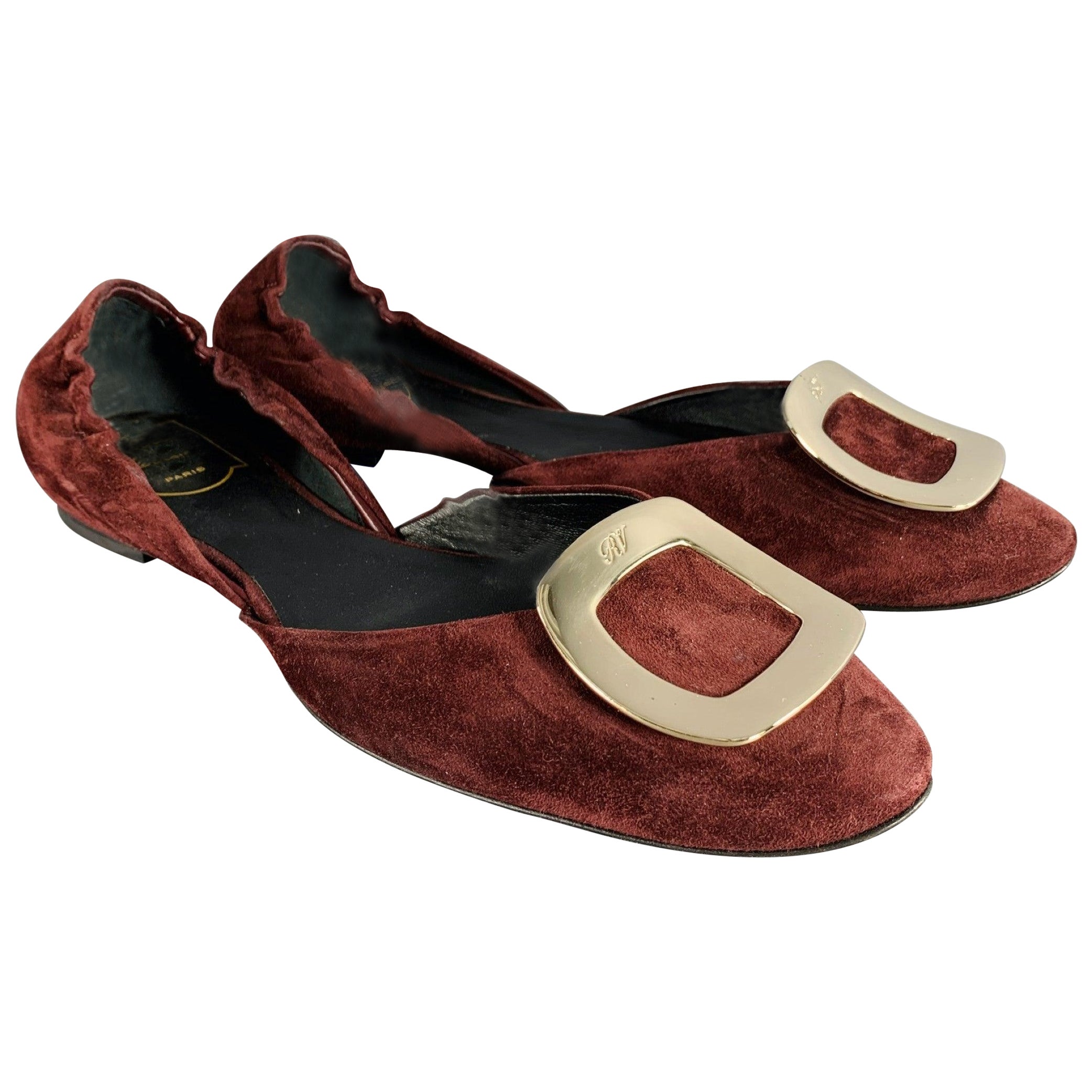 ROGER VIVIER Size 10 Burgundy Silver Buckle Suede Flats For Sale