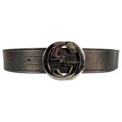 GUCCI Size 30 Black Silver Monogram Leather Metal Belt