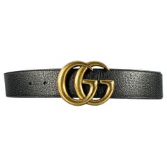 GUCCI Size 30 Black Gold Monogram Leather Metal Belt