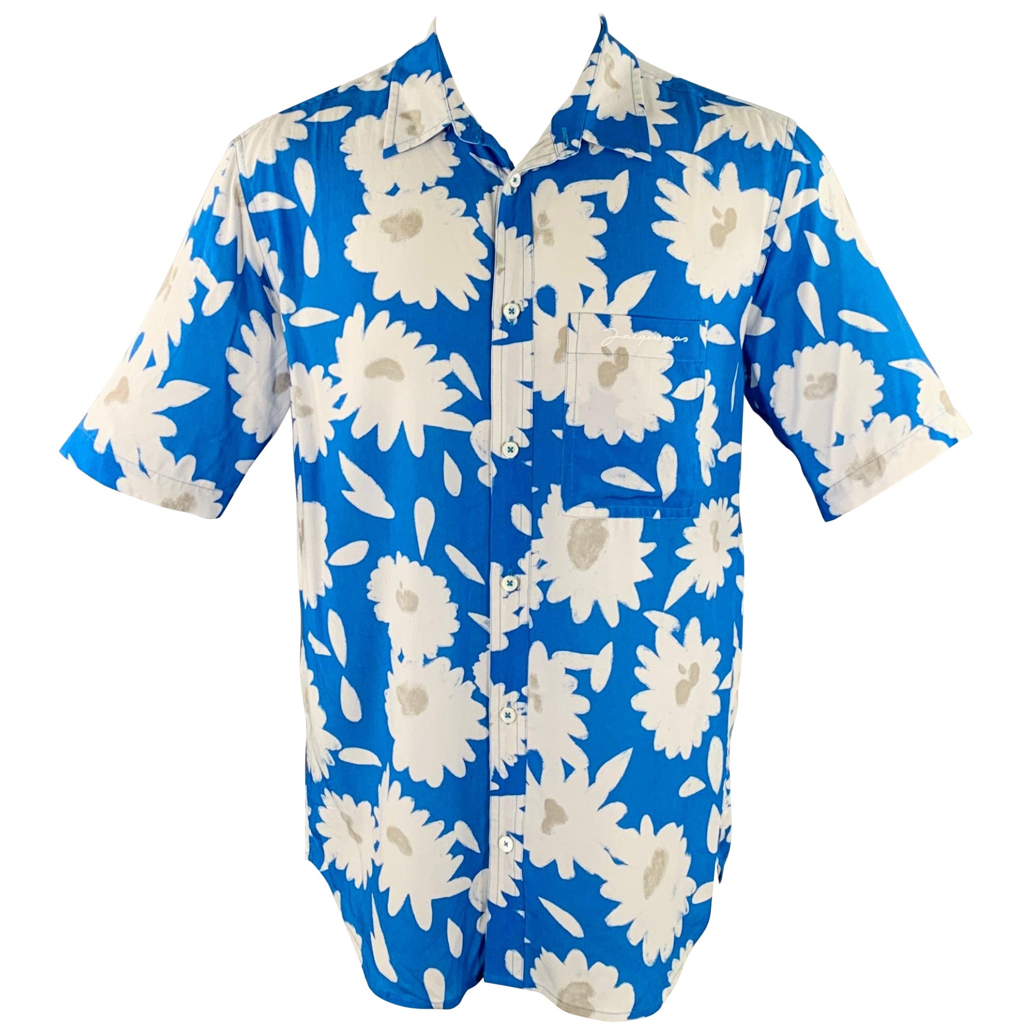 JACQUEMUS Size 38 Blue White Floral Viscose One pocket Short Sleeve Shirt For Sale