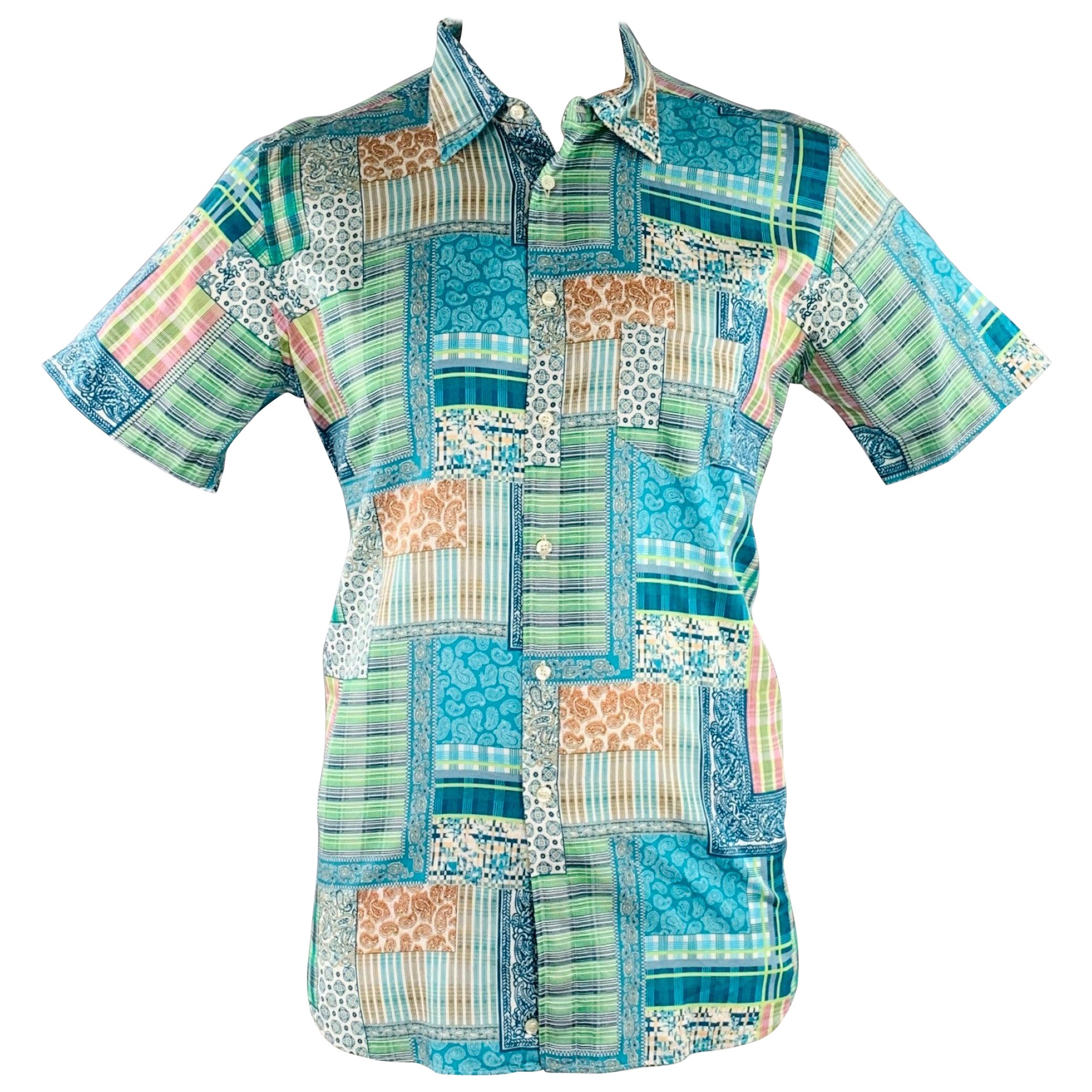 ETRO Size XL Blue Green Patchwork Paisley Cotton One Pocket Short Sleeve Shirt For Sale