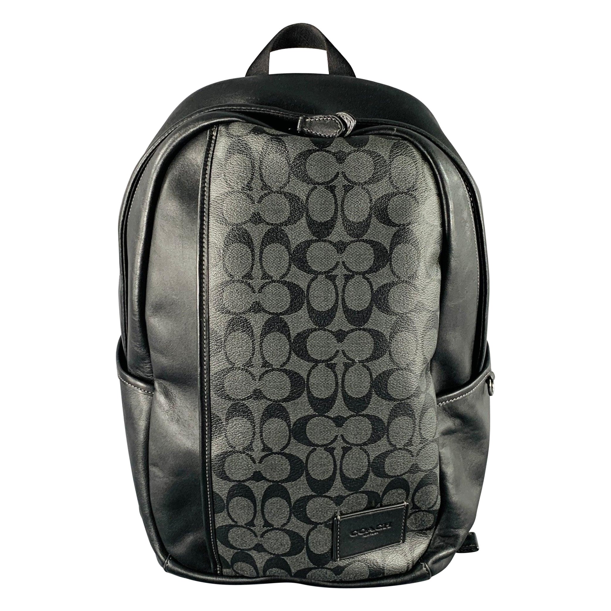 COACH Black Grey Monogram Leather Backpack Bag For Sale