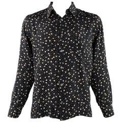 BRIONI, chemise à manches longues boutonnée en soie noire à pois beiges, taille XL