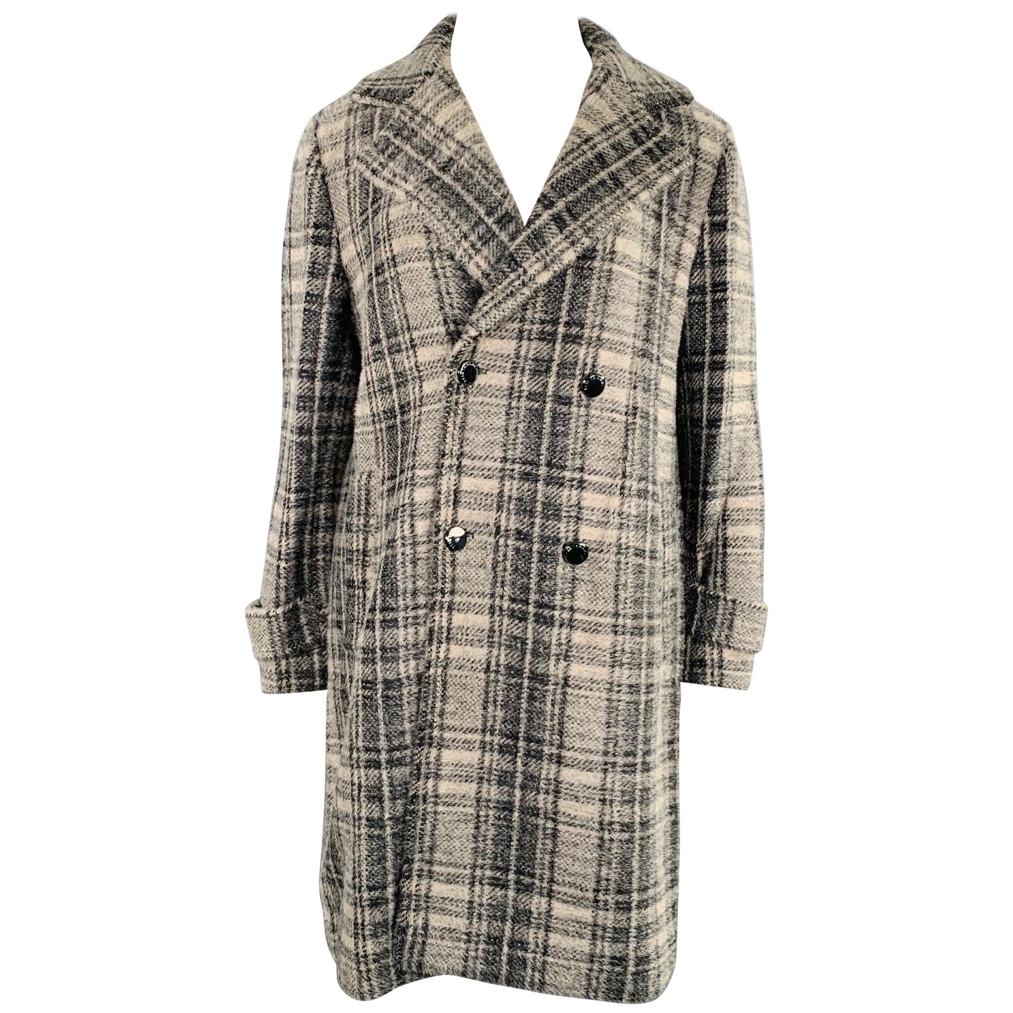 ELIE TAHARI Size L Grey Black Nylon Blend Plaid Double Breasted Coat For Sale