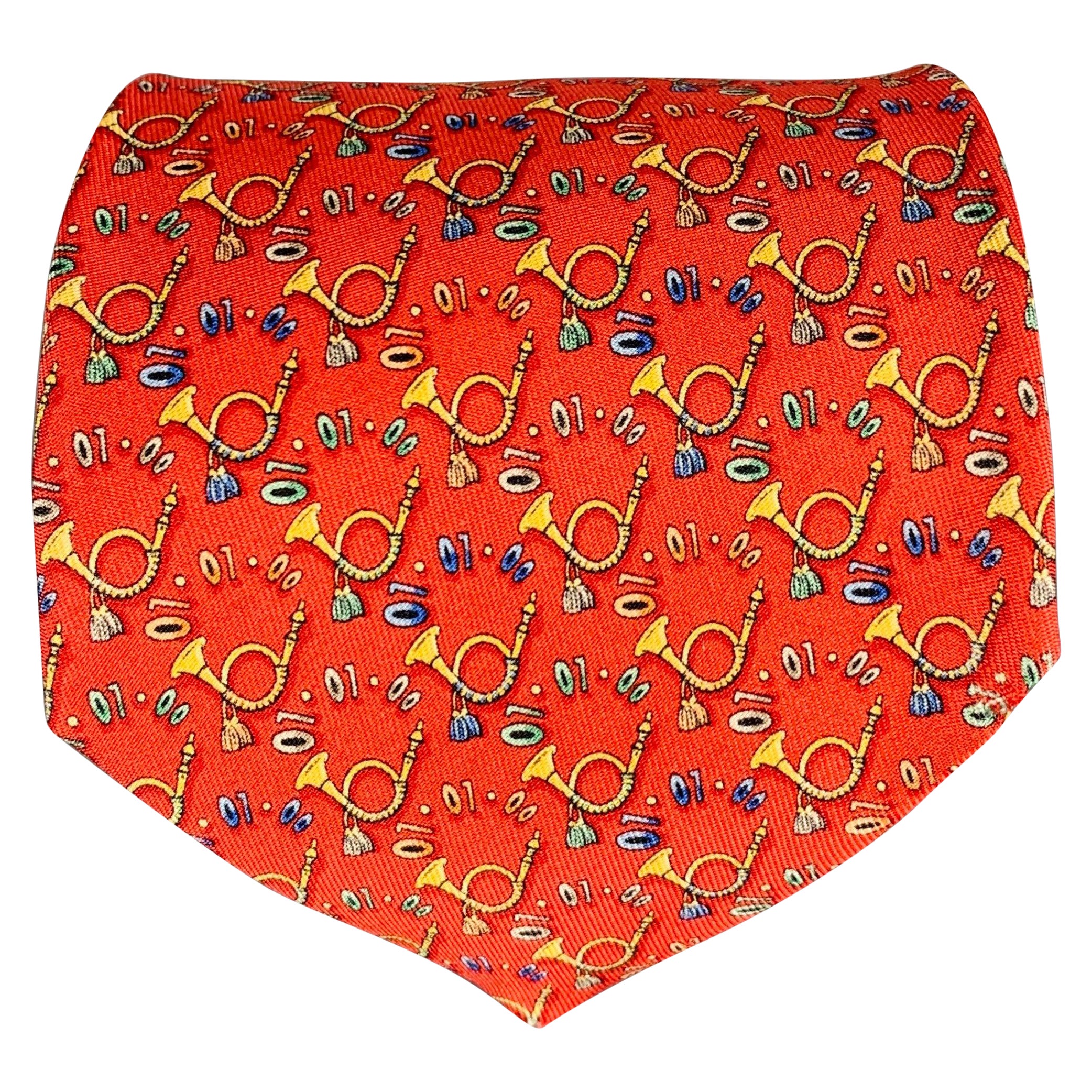SALVATORE FERRAGAMO Musical Horns Red Yellow Print Silk Tie