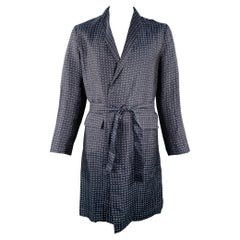 LA PERLA Albornoz con cuello chal de lino y seda, lunares blancos, azul marino, talla L