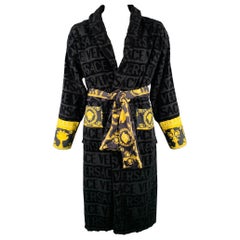 Used VERSACE Size XL Black Gold Textured Cotton Shawl Collar Robe