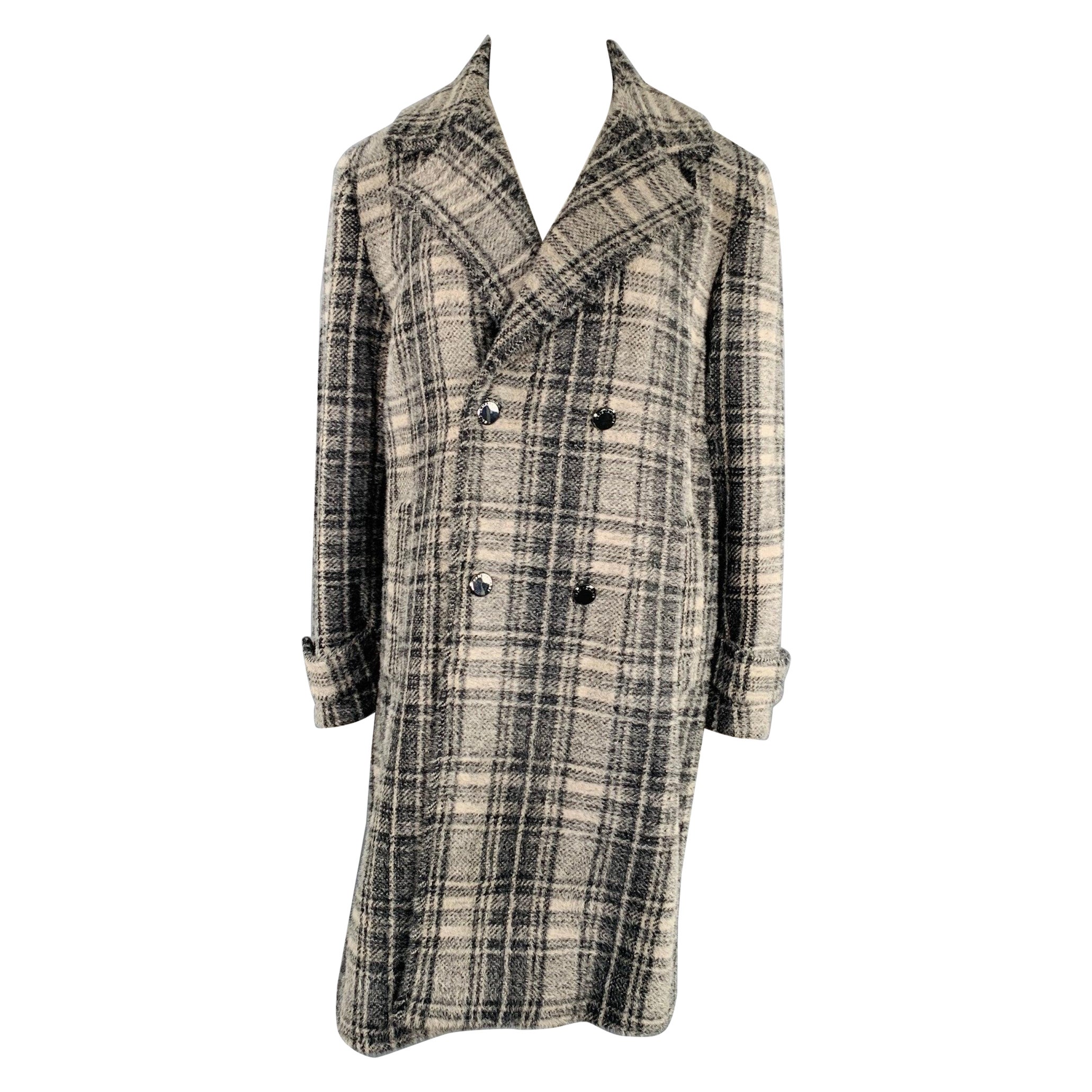 ELIE TAHARI Size XL Grey Black Nylon Blend Plaid Double Breasted Coat For Sale