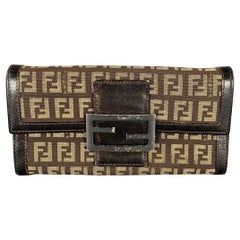 FENDI 2009 Foglio Forever Brown Yellow Monogram Fabric Leather Wallet
