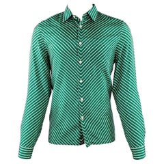 PRADA Size M Green White Stripe Silk One Pocket Long Sleeve Shirt