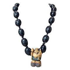 Vintage Carved Asian Male Buddha Rope Necklace