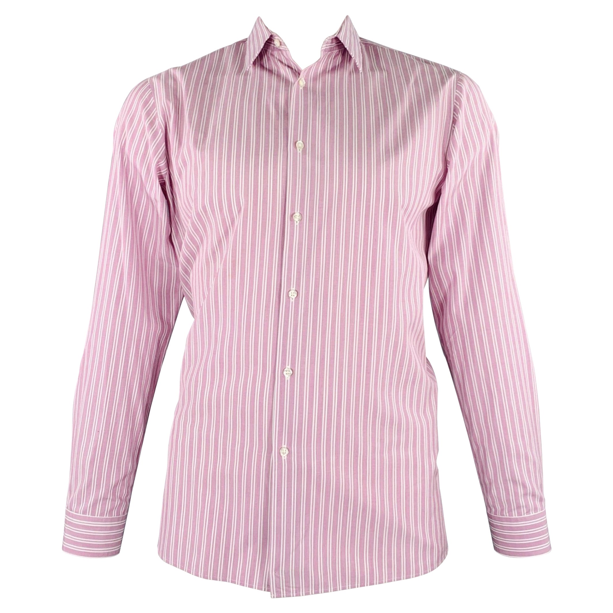 HUGO BOSS Size L Purple White Stripe Cotton Long Sleeve Shirt For Sale
