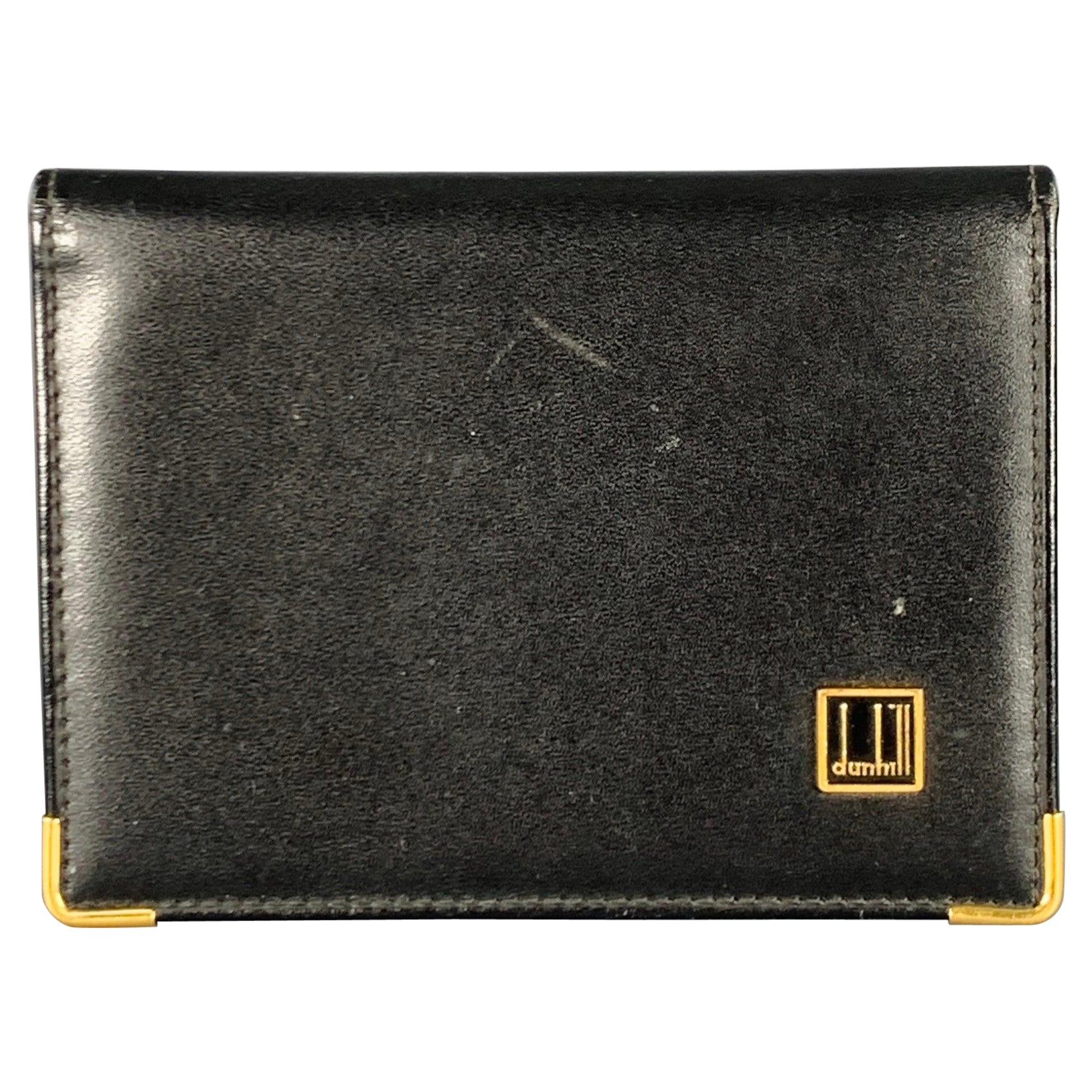 DUNHILL Black Gold Leather Credit Card Holder Bifold Wallet