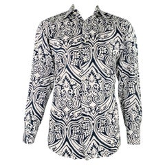 ETRO Size XXL White Navy Tapestry Cotton Long Sleeve Shirt