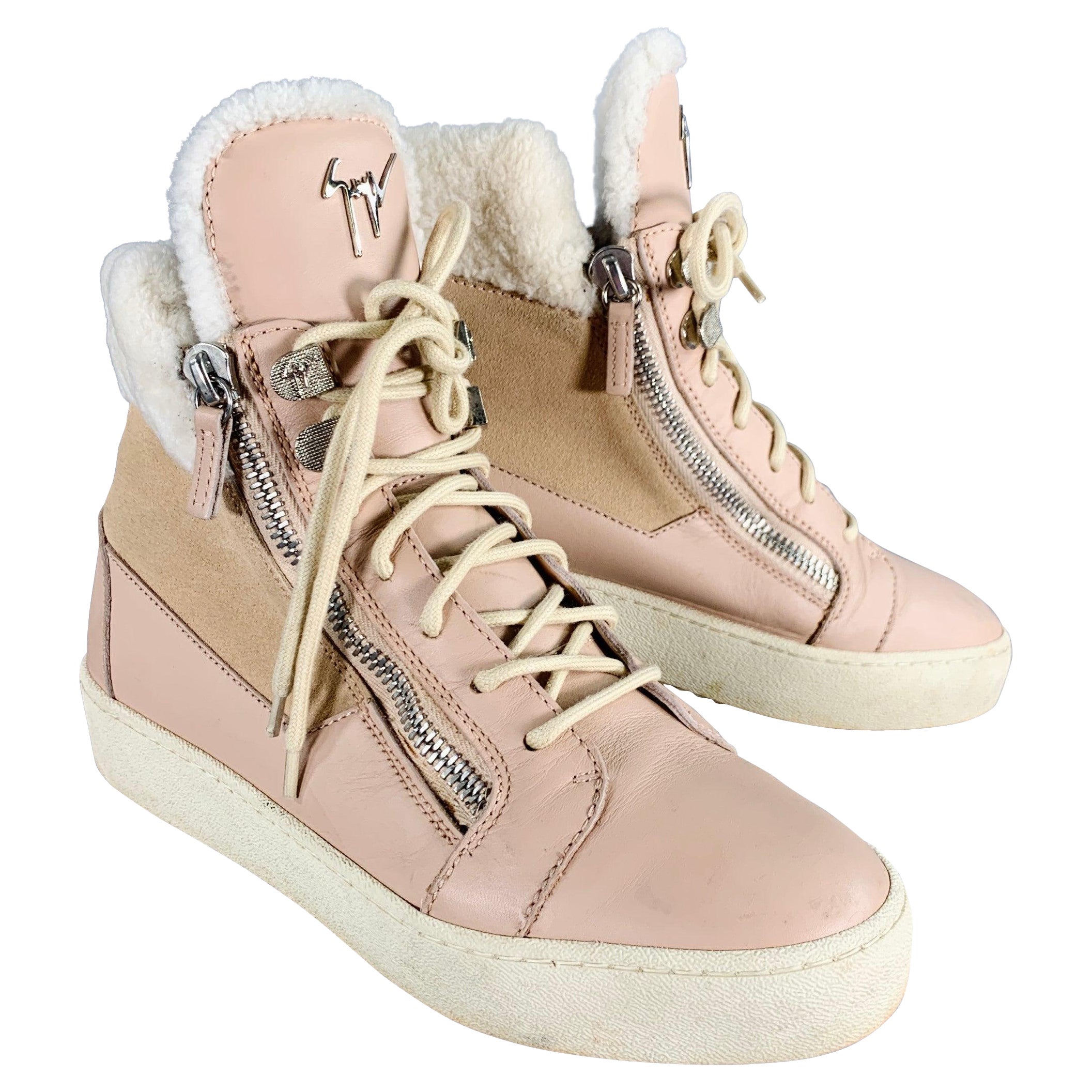GIUSEPPE ZANOTTI Größe 10 Rosa Cremefarbene Leder- High Top-Sneakers mit Schnürung