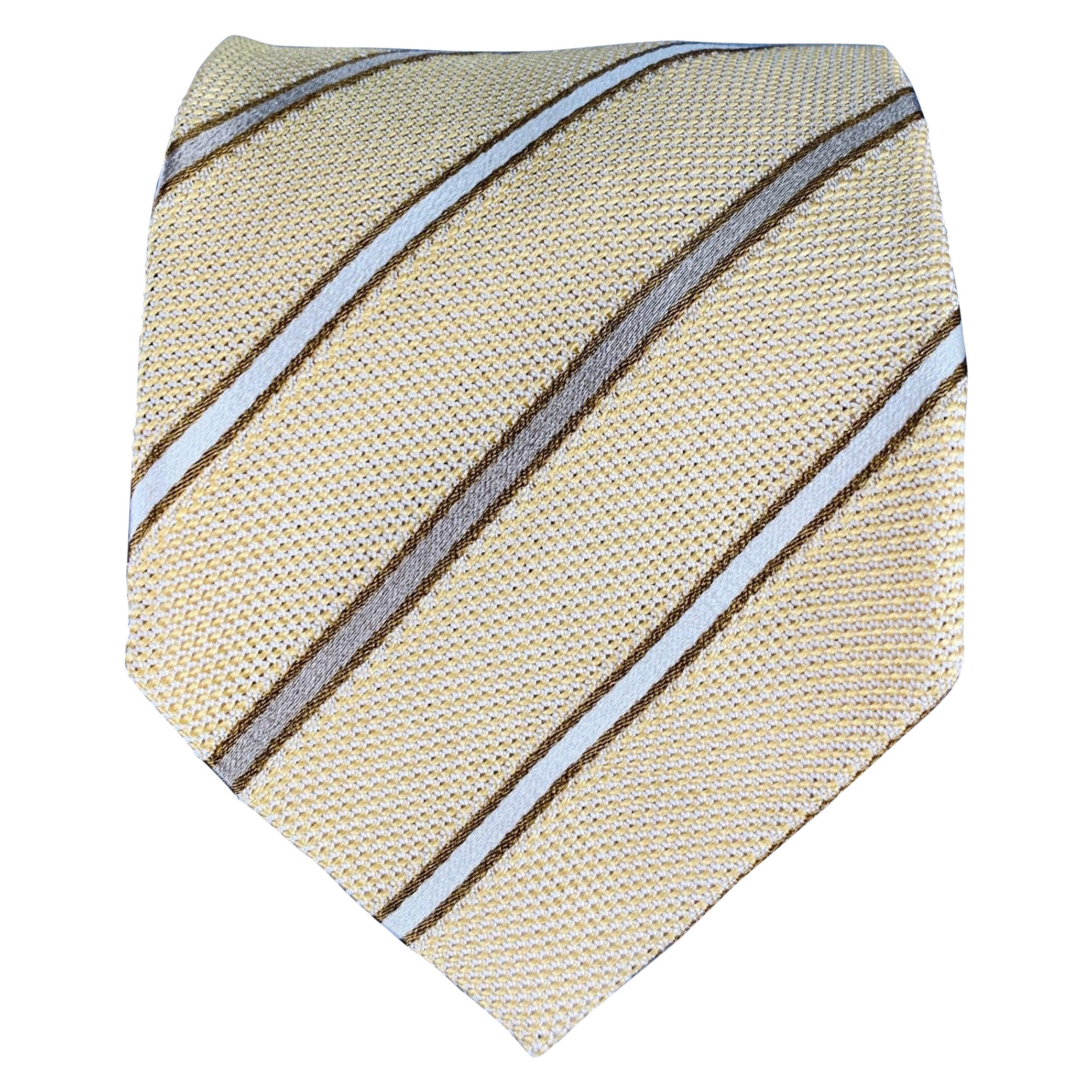 ERMENEGILDO ZEGNA Yellow Taupe Diagonal Stripe Textured Silk Tie For Sale