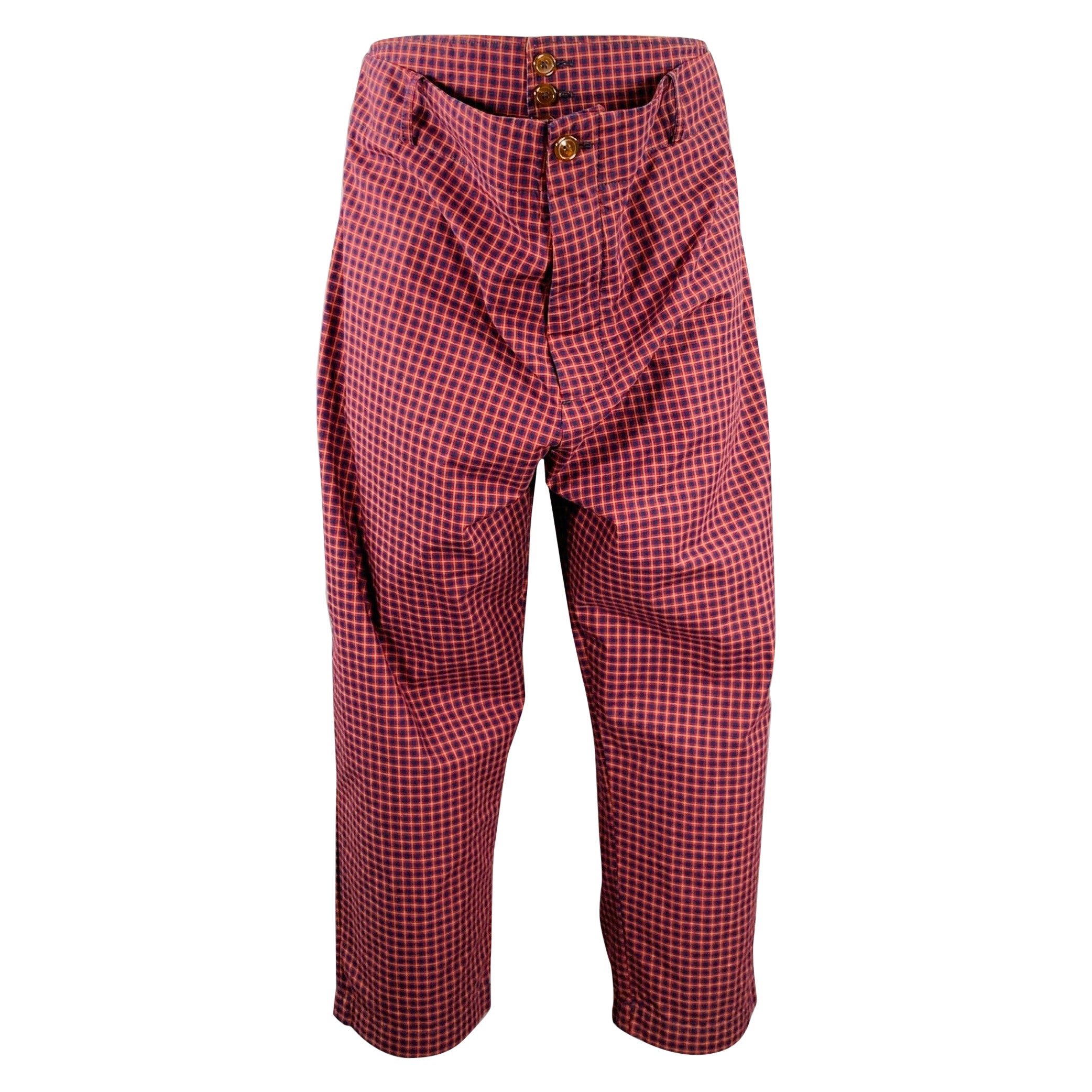 VIVIENNE WESTWOOD Size S Alien Burgundy Navy Checkered Cotton Button Fly Dress Pants For Sale