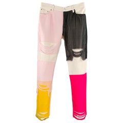 HELMUT LANG Size 32 White Multi-Color Patchwork Cotton Silk Zip Fly Jeans
