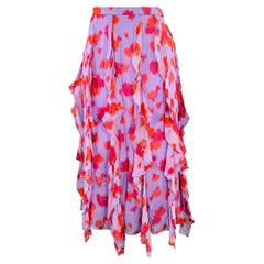 CAROLINA HERRERA Größe 2 Lila Rot Viskose Abstrakt Floral Rüschen Midirock mit Rüschen