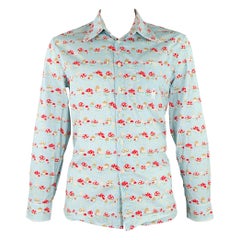 Walter Van Beirendonck Taglia XL Blu Rosso Funghi di cotone Camicia a maniche lunghe con una sola tasca