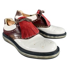 PRADA Size 11 White Burgundy Perforated Leather Lace-Up Shoes