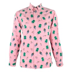 Ralph Lauren Taglia L Rosa Verde Orsi Cotone Una Tasca Camicia a Manica Lunga