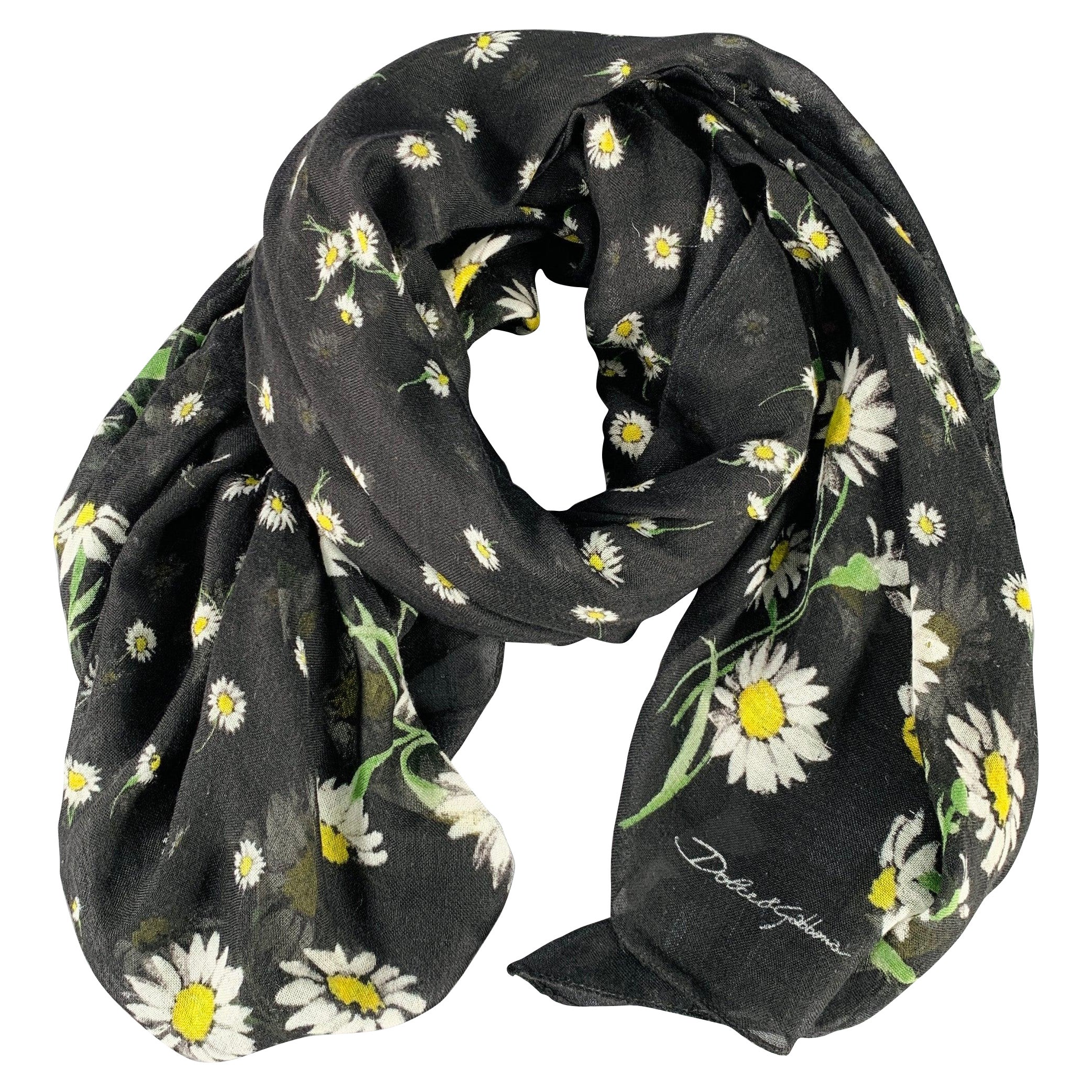 DOLCE & GABBANA Black Green Floral Scarf Shawl For Sale