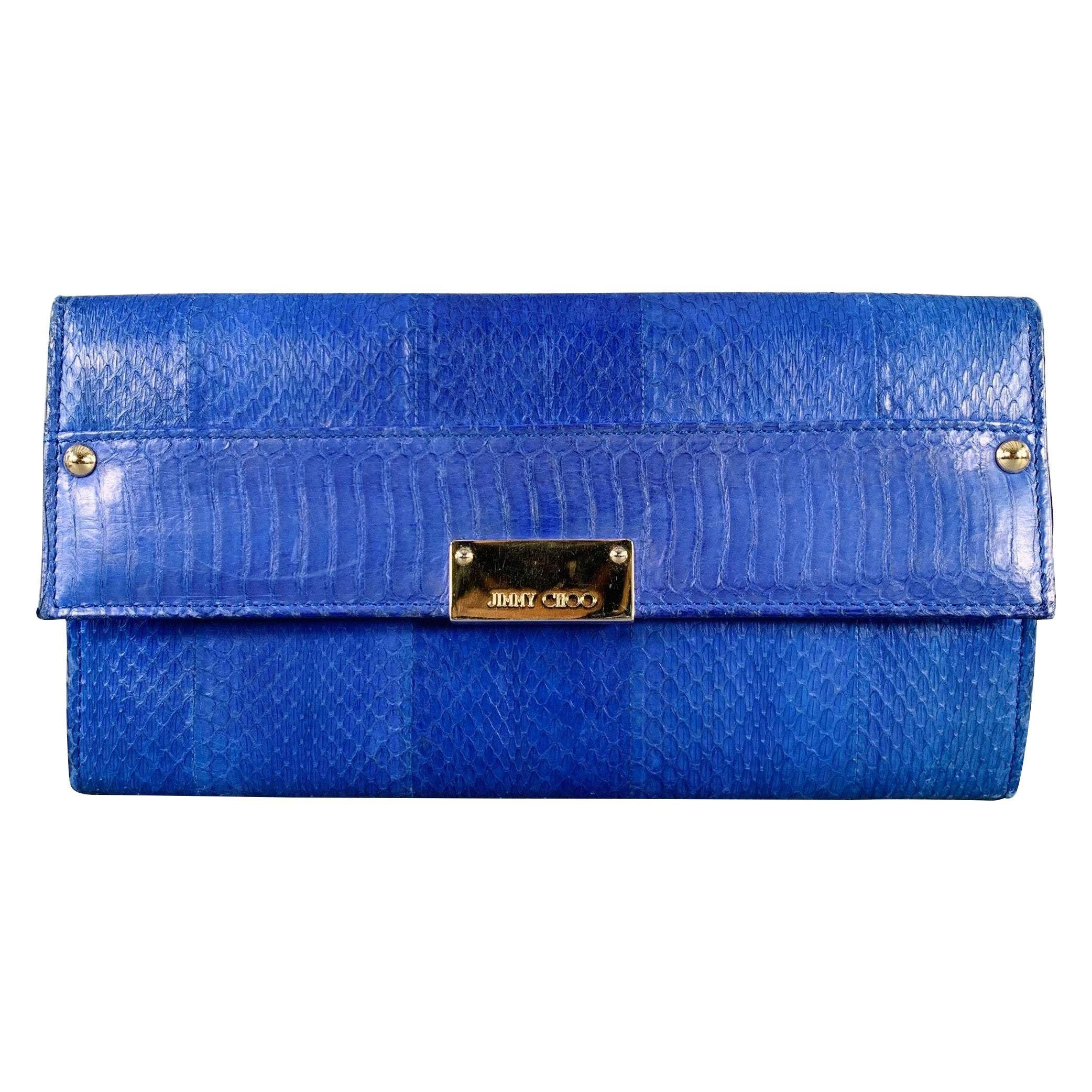 JIMMY CHOO Blue Silver Snake Skin Leather Clutch Handbag