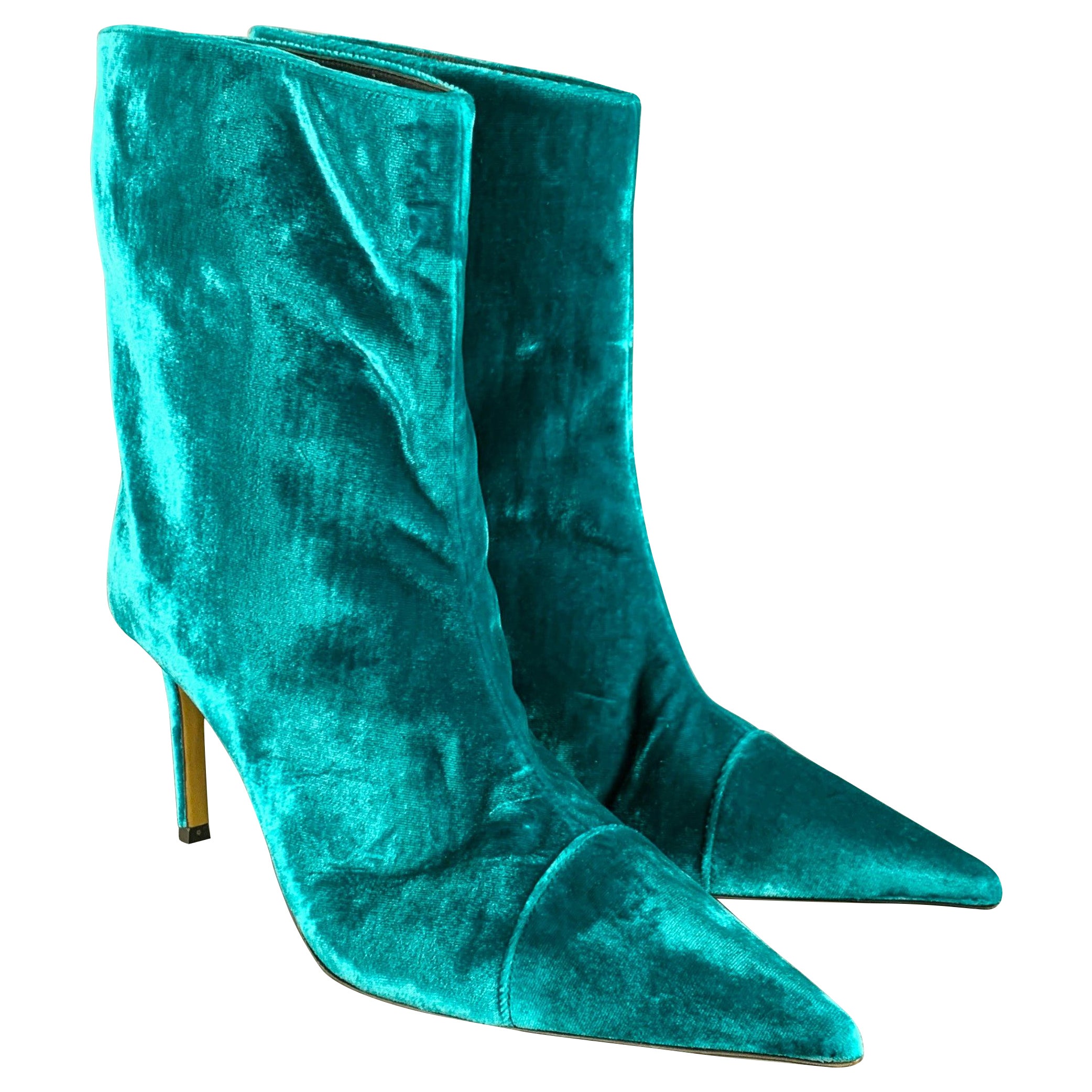 ALEXANDRE VAUTHIER Stivali a Punta in Velluto Blu Verde Taglia 7