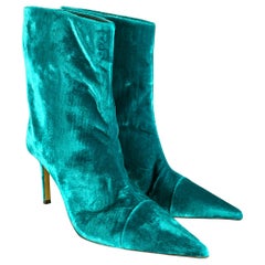 ALEXANDRE VAUTHIER Stivali a Punta in Velluto Blu Verde Taglia 7