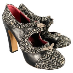 ANTONIO MARRAS Size 8 Black White Wool Tweed Leather Trim Stiletto Heels Pumps