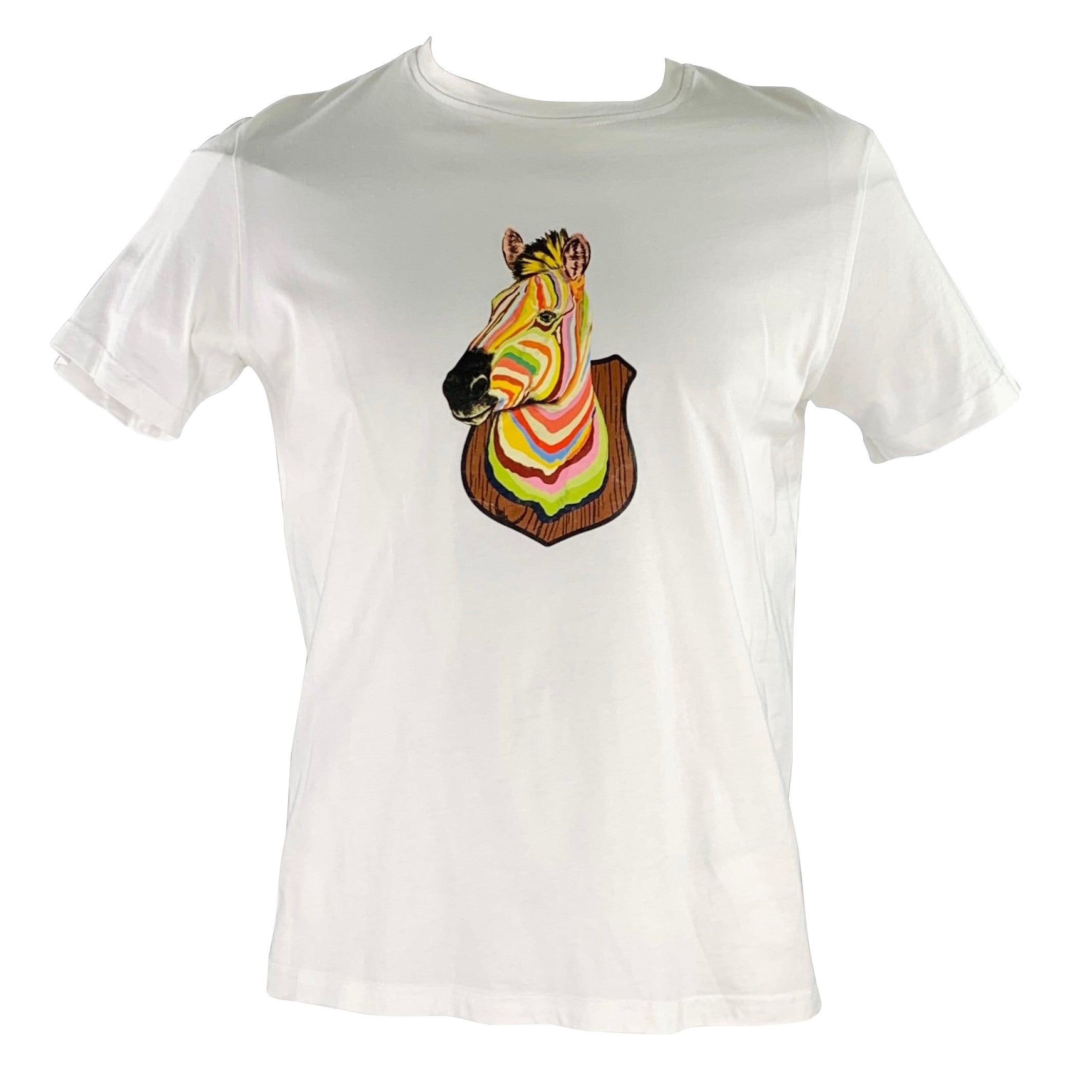 PAUL SMITH, T-shirt à manches courtes en coton zébré multicolore blanc, taille L en vente