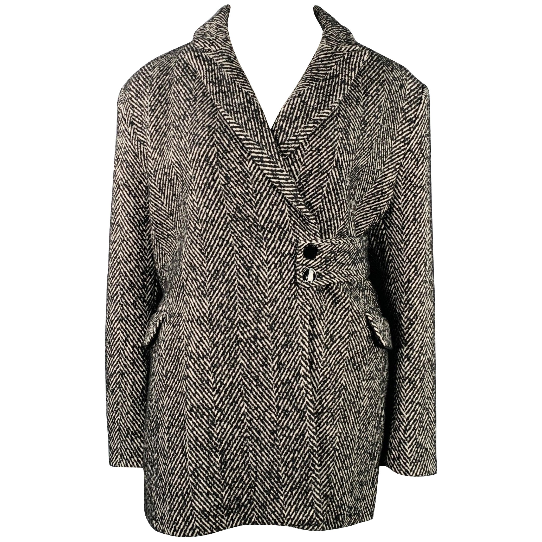 GANNI Size XL Grey Wool Blend Tweed Belted Coat For Sale