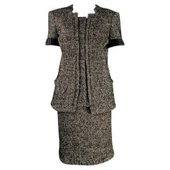 ZAC POSEN Size 6 Black White Cotton Blend Tweed Short Sleeve Skirt Suit